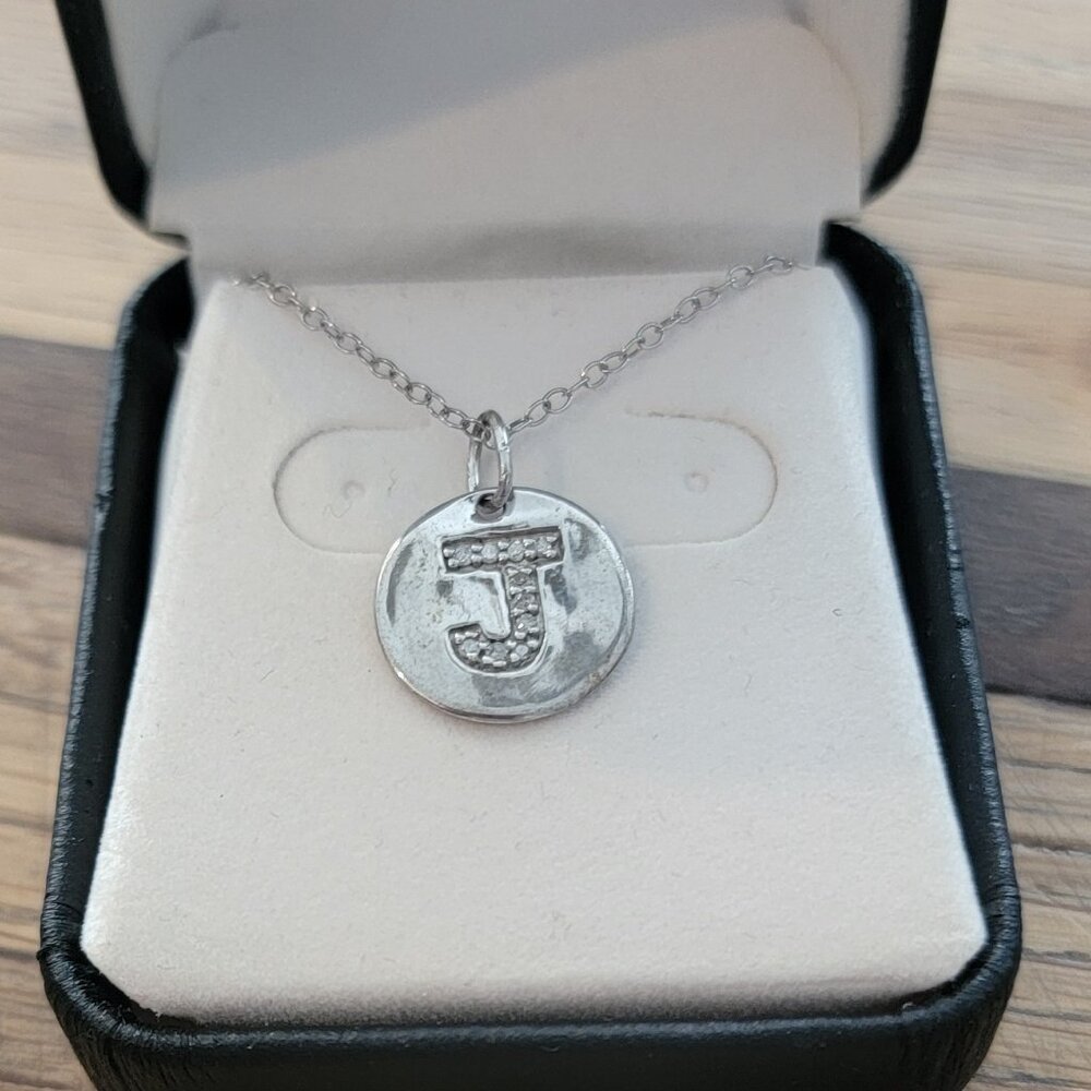 J Pendant Necklace in Silver Tone Metal w CZ Accents